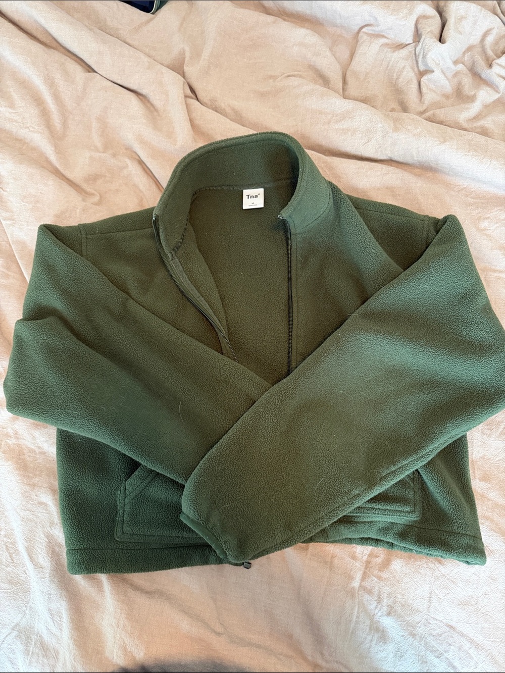 TNA Olive Green Fleece Zip-Up Crop Jacket